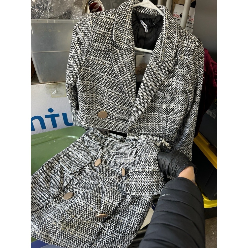 Fashion Nova Tweed 2 Piece Set Cropped Blazer Skirt Black White